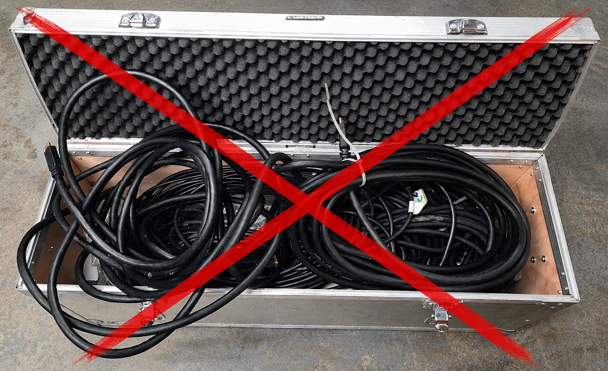Trunk load of HDMI cables The image shows an aluminium flight case filled with HDMI cables