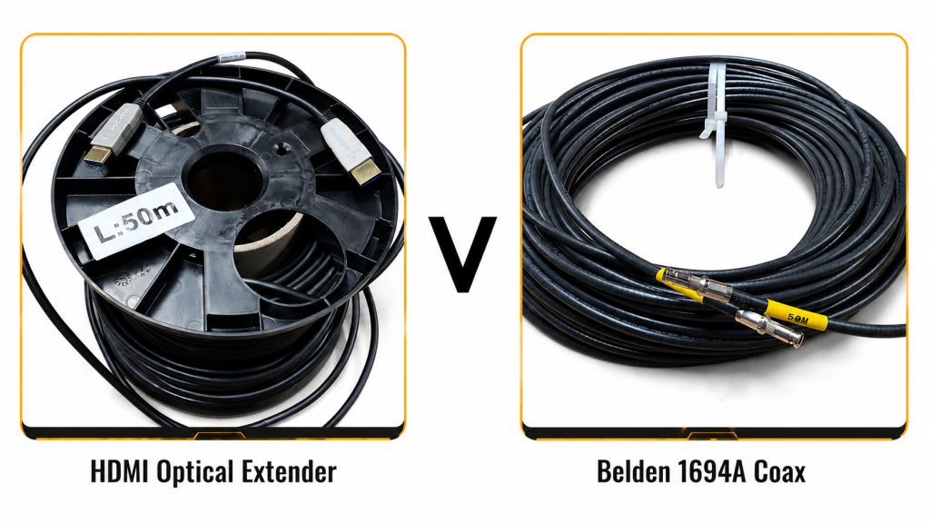 HDMI Optical Extender versus Belden 1694A coax The image shows a 50m length of HDMI optical extender cable on the left with 50m of Belden 1694A Cox on the right