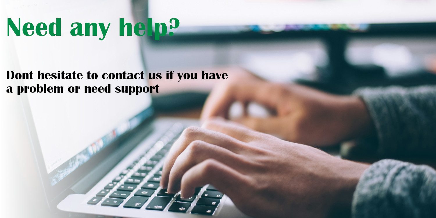 The image shows a person typing at a laptop with the caption "Need any help" superimposed on the image