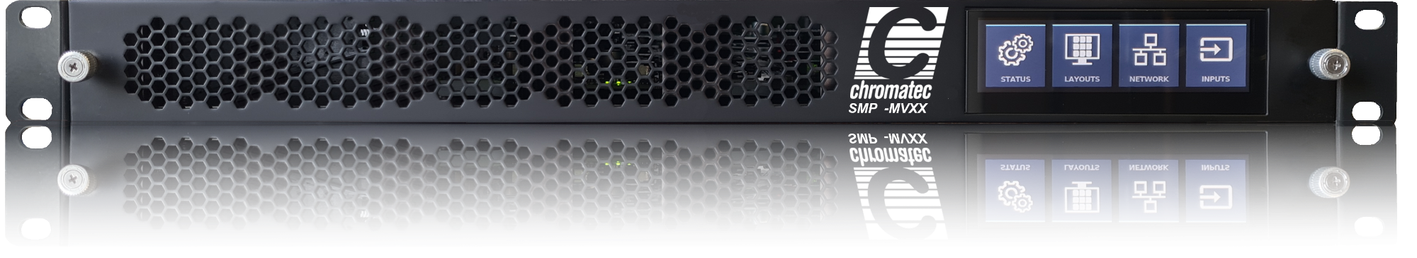 The image shows the front panel of an SMP multiviewer sitting on a smooth reflective surface