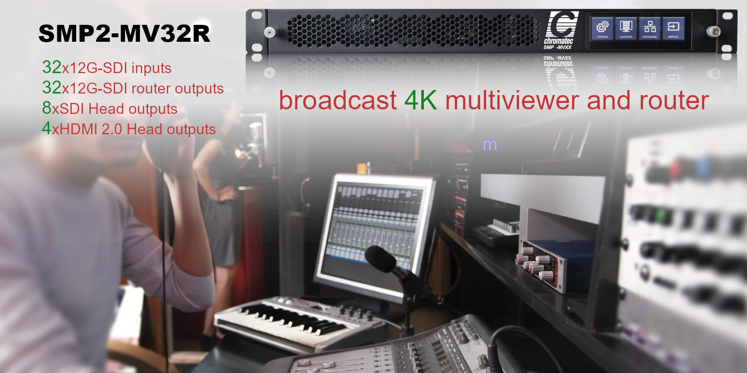 Broadcast 4K multiviewer and router with audio mixer and control interface.