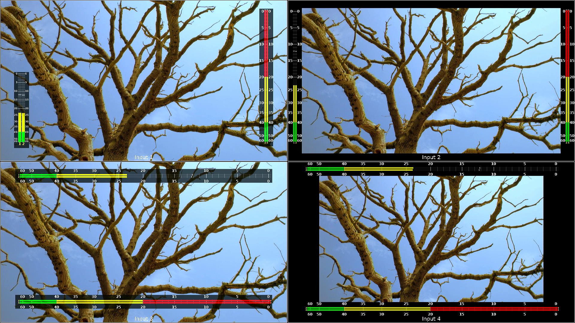Horizontal and Vertical Audio Meters The image shows a quad-split with different audio meter configurations in each tile.