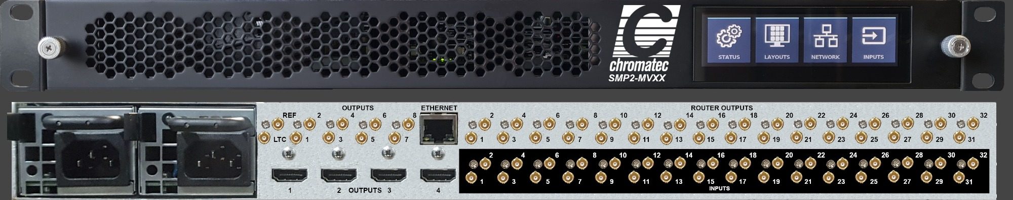 The image shows the front and rear views of an SMP2-MV32R multiviewer