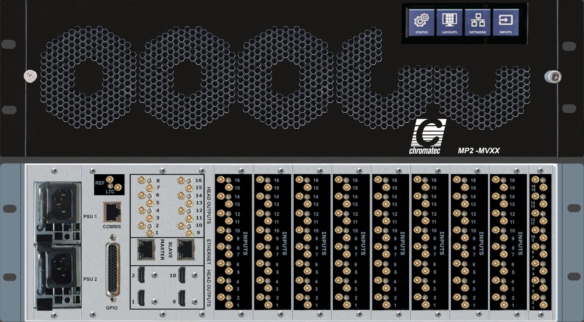 The image shows the front and rear views of a MP2-MVxx  multiviewer with 144 inputs and 16 outputs